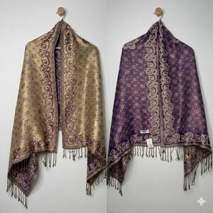 Pure Pashmina Scarf Purple Gold Fringe Paisley Wrap Boho Shawl Reversible
